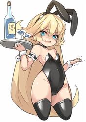  1girl animal_ears bare_shoulders black_leotard blonde_hair blue_eyes bunny_girl charlotta_fenia fake_animal_ears granblue_fantasy harvin karukan_(monjya) leotard long_hair pointy_ears rabbit_ears solo strapless strapless_leotard wrist_cuffs 