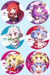  5girls 60mai :d bangs blonde_hair blue_hair blush book bow bowtie character_name closed_mouth dress eyebrows_visible_through_hair fang flandre_scarlet grey_hair hair_bow hands_up holding holding_book izayoi_sakuya koakuma long_hair long_sleeves looking_at_viewer maid_headdress multiple_girls open_mouth patchouli_knowledge purple_hair red_eyes redhead remilia_scarlet shiny shiny_hair short_sleeves smile tongue touhou violet_eyes white_neckwear wide_sleeves wings 