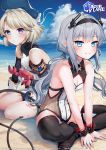  2girls absurdres azur_lane bangs bare_shoulders beach beret black_hairband black_legwear blonde_hair blue_eyes blue_sky blush clouds commentary copyright_name crab day english_commentary eyebrows_visible_through_hair frown grey_hair hairband hat highres huge_filesize indian_style long_hair looking_at_viewer low_twintails multiple_girls outdoors satchely short_hair sitting sky smile tail thigh-highs twintails u-522_(azur_lane) violet_eyes water wrist_cuffs z23_(azur_lane) 