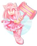  1girl alternate_costume alternate_eye_color amy_rose animal_ears artist_name bangs blue_background boots bow bowtie breasts commentary dress english_commentary floral_print flower frilled_dress frills full_body hammer happy heart highres holding holding_weapon knee_boots long_hair long_sleeves looking_at_viewer parted_lips pink_dress pink_flower pink_footwear pink_hair pink_neckwear pink_rose pink_theme rose rose_print shiny shiny_hair simple_background small_breasts smile solo sonic_the_hedgehog spacecolonie standing teeth transparent_background watermark weapon yellow_eyes 