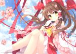  1girl absurdres bangs bare_shoulders blue_sky blush brown_eyes brown_hair closed_mouth clouds cloudy_sky day detached_sleeves dress eyebrows_visible_through_hair fingernails hair_ornament hair_tubes hakurei_reimu highres holding long_hair looking_at_viewer mochizuki_shiina outdoors petals scan shiny shiny_hair shiny_skin short_dress sky smile solo touhou white_legwear wide_sleeves 