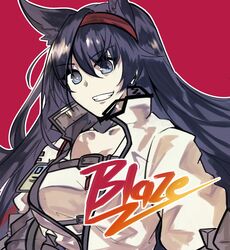  1girl animal_ears arknights bangs black_hair blaze_(arknights) blue_eyes breasts cat_ears character_name commentary_request creepy_himecchi eyebrows_visible_through_hair hair_between_eyes hairband highres jacket long_hair looking_at_viewer red_background red_hairband simple_background smile solo teeth upper_body white_jacket 