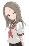  1girl ;) absurdres bangs black_sailor_collar black_skirt brown_eyes brown_hair commentary_request forehead head_tilt highres karakai_jouzu_no_takagi-san long_hair neckerchief official_art one_eye_closed parted_bangs pleated_skirt red_neckwear sailor_collar school_uniform serafuku shirt short_sleeves simple_background skirt smile solo takagi-san white_background white_shirt yamamoto_souichirou 