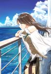  1girl bandana brown_eyes brown_hair cat closed_mouth commentary_request day denim ferry_(ship) hair_blowing highres horizon jeans leaning_on_rail ocean original outdoors pants railing ship shirt signature sky smile solo soragane_(banisinngurei) suitcase summer watercraft white_shirt 