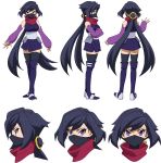  1girl ayame_(gundam_build_divers) bangs black_hair black_legwear boots breasts character_sheet covered_mouth elbow_gloves fingerless_gloves full_body gloves gundam gundam_build_divers gundam_build_divers_re:rise hair_ornament highres hip_armor japanese_clothes kimono long_hair looking_at_viewer low_ponytail mask medium_breasts mouth_mask multiple_views ninja ninja_mask official_art ponytail red_scarf scarf sleeveless split_ponytail thigh-highs thigh_boots thighhighs_under_boots transparent_background very_long_hair violet_eyes zettai_ryouiki 