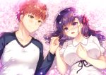  1boy 1girl :d absurdres bangs blush bow breasts brown_hair closed_mouth collared_dress commentary_request dress emiya_shirou eye_contact eyebrows_visible_through_hair fate/stay_night fate_(series) flower hair_between_eyes hair_bow heaven&#039;s_feel highres holding_hands long_hair long_sleeves looking_at_another lying matou_sakura medium_breasts on_back open_mouth pink_flower puffy_short_sleeves puffy_sleeves purple_hair raglan_sleeves red_bow shirt short_sleeves smile suzunone_rena upper_body violet_eyes white_dress white_shirt yellow_eyes 