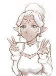  1girl breasts circlet closed_mouth dark_skin double_v earrings facial_mark highres jewelry looking_at_viewer pointy_ears princess_allura short_hair simple_background sketch smile solo ueyama_michirou v voltron:_legendary_defender white_background 
