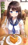  1girl absurdres bangs blue_eyes blurry blurry_background blush breasts brown_hair cake collarbone commentary_request cup drinking_glass drinking_straw food fork glass hands_up highres holding holding_fork holding_knife holding_spoon huge_filesize ice_cream indoors knife long_hair looking_at_viewer medium_breasts neckerchief original parum39 plant plate potted_plant sailor_collar school_uniform shirt sitting solo spoon sundae upper_body white_shirt wooden_chair wooden_floor wooden_table 