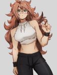  1girl alternate_costume android_21 black_nails black_pants blue_eyes breasts dragon_ball dragon_ball_fighterz earrings glasses grey_background hoop_earrings jewelry kemachiku long_hair looking_at_viewer medium_breasts midriff nail_polish pants redhead simple_background solo 