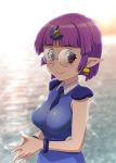  1990s_(style) 1girl arara_cocoa breasts closed_mouth earrings glasses hair_ornament highres jewelry looking_at_viewer ng_knight_lamune_&amp;_40 pointy_ears purple_hair short_hair smile solo ueyama_michirou 
