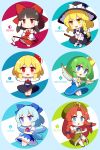  6+girls 60mai aqua_eyes bangs black_dress blonde_hair blue_eyes blue_hair blunt_bangs blush bow broom brown_eyes brown_hair character_name cirno clenched_hands closed_mouth commentary_request daiyousei detached_sleeves dress fang green_hair hair_bow hakurei_reimu hands_up hat holding hong_meiling kirisame_marisa long_hair long_sleeves multiple_girls open_mouth orange_hair red_dress red_eyes rumia short_sleeves smile tongue touhou violet_eyes yellow_eyes 