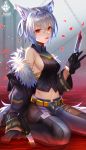  1girl absurdres amahara_subaru animal_ears bangs black_gloves blood bloody_weapon blue_pants braid breasts chain eyebrows_visible_through_hair fox_ears fox_girl fox_tail french_braid gloves hair_between_eyes half_gloves highres holding holding_knife huge_filesize knife looking_at_viewer medium_breasts midriff navel orange_eyes original pants petals pool_of_blood shiny shiny_hair short_hair sideboob silver_hair sitting solo stomach tail tongue tongue_out wariza weapon 