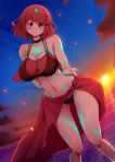  1girl beach bikini breasts glowing_lines highres pyra_(xenoblade) large_breasts looking_down navel ponponmaru red_eyes redhead short_hair smile solo sunset swimsuit xenoblade_(series) xenoblade_2 