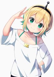  1girl absurdres agung_syaeful_anwar amano_pikamee aqua_nails black_hairband blonde_hair blush colored_inner_hair green_eyes green_hair grey_background hairband hand_on_hip head_tilt highres looking_at_viewer multicolored_hair nail_polish off-shoulder_shirt off_shoulder shirt short_hair simple_background smile solo spaghetti_strap two-tone_hair upper_body virtual_youtuber voms white_shirt 