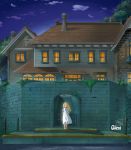  1girl absurdres alexi_ansell artist_name blonde_hair blue_eyes clouds commentary dated dock dress highres house long_hair looking_at_viewer marnie night omoide_no_marnie sky solo standing star_(sky) starry_sky studio_ghibli water white_dress 
