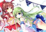  2girls absurdres ass bangs bare_shoulders blue_eyes bow bowtie brown_eyes brown_hair closed_mouth detached_sleeves eyebrows_visible_through_hair frog_hair_ornament green_hair hair_bow hair_ornament hair_tubes hakurei_reimu highres huge_filesize kochiya_sanae long_hair long_sleeves looking_at_viewer mochizuki_shiina multiple_girls open_mouth panties scan side-tie_panties simple_background skirt smile snake_hair_ornament striped striped_panties thighs touhou underwear wide_sleeves yellow_eyes 