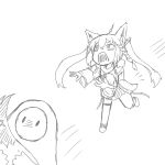  1girl 1other ahoge animal_ears bangs braid chasing commentary eyebrows_visible_through_hair fall_guy fall_guys fox_ears fox_girl fox_tail fur-trimmed_jacket fur_trim greyscale hair_between_eyes holding_tail hololive jacket kage_hitsugi long_hair long_sleeves monochrome motion_lines notice_lines open_mouth outstretched_arms pentagram running shirakami_fubuki shouting sidelocks single_braid sketch tail tearing_up thigh_strap twintails 