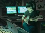  1girl apple_inc. black_hair computer denim electric_guitar guitar headphones indoors instrument jeans kensight328 keyboard_(instrument) laptop mixing_console music night original pants playing_instrument shirt sitting solo speaker t-shirt 