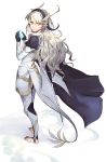  1girl armor barefoot black_gloves cape closed_mouth corrin_(fire_emblem) corrin_(fire_emblem)_(female) fire_emblem fire_emblem_fates from_side full_body gloves holding long_hair looking_to_the_side pointy_ears red_eyes robaco solo white_hair 