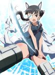  1girl animal_ears ass_visible_through_thighs bangs black_eyes black_hair black_swimsuit covered_navel crotch_seam eyepatch flying foreshortening frown highres holding holding_sword holding_weapon jacket jacket_on_shoulders katana long_hair long_sleeves looking_at_viewer military_jacket one-piece_swimsuit open_mouth pink_x ponytail sakamoto_mio school_swimsuit solo sparkle strike_witches striker_unit swimsuit sword weapon white_jacket world_witches_series 
