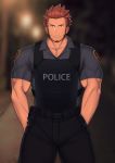  1boy absurdres alternate_costume bara blue_eyes brown_hair facial_hair fate/grand_order fate_(series) goatee highres looking_at_viewer male_focus miqi_(nnaf3344) muscle napoleon_bonaparte_(fate/grand_order) pants pectorals police police_uniform short_sleeves sideburns simple_background uniform 