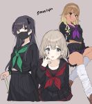  3girls :p black_eyes black_hair black_nails black_serafuku black_skirt blonde_hair blue_eyes brown_eyes brown_hair commentary_request dark_skin earrings gradient_hair green_neckwear gyaru highres idolmaster idolmaster_shiny_colors izumi_mei jewelry light_brown_hair long_hair long_sleeves looking_at_viewer mask mayuzumi_fuyuko miniskirt mouth_mask multicolored_hair multiple_girls neckerchief open_mouth purple_neckwear red_neckwear school_uniform serafuku serizawa_asahi short_hair simple_background skirt straylight_(idolmaster) surgical_mask teshima_nari tongue tongue_out two_side_up 