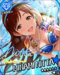  bikini blush brown_eyes brown_hair character_name idolmaster idolmaster_cinderella_girls long_hair nitta_minami smile stars 