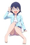  1girl :d black_hair blue_eyes fang glasses hodaka_natsumi houkago_teibou_nisshi jacket no_panties open_mouth short_hair short_shorts shorts sitting smile solo track_jacket upshorts white_background yoshida_keiji 