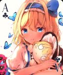  1girl :3 :t alice_margatroid alice_margatroid_(pc-98) blonde_hair blue_eyes blue_hairband blush bow bug butterfly card doll_hug flower hair_ornament hairband highres hunya insect kirisame_marisa pout ribbon short_hair skirt solo stuffed_toy suspenders touhou 