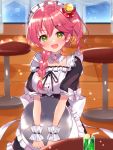  1girl ahoge alternate_costume alternate_hairstyle blurry blurry_background blush braid breasts commentary_request green_eyes highres hololive large_breasts maid_headdress medium_hair mi_taro333 open_mouth sakura_miko side_braid solo tray virtual_youtuber 
