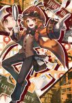  :d androgynous belt black_bow black_pants bow bowtie brown_eyes brown_hair brown_headwear brown_vest copyright_request gloves highres jacket long_sleeves looking_at_viewer magnifying_glass open_mouth orange_jacket pants paper pointing pouch sho_(sumika) smile solo standing standing_on_one_leg vest white_gloves wide_sleeves zoom_layer 