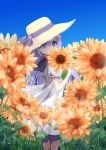  1girl azur_lane bangs black_sailor_collar blurry blurry_foreground brown_headwear commentary_request covered_mouth day depth_of_field dress field flower flower_field frilled_dress frills hair_between_eyes hat hat_ribbon holding holding_flower long_hair looking_at_viewer looking_to_the_side orange_flower outdoors purple_hair purple_ribbon ribbon sailor_collar sailor_dress short_sleeves sidelocks solo standing straw_hat sukireto sunflower unicorn_(azur_lane) very_long_hair violet_eyes white_dress 