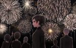  2girls 3boys black_hair buzz_cut commentary dress facing_away fireworks funeral funeral_dress funeral_kimono japanese_clothes kimono long_hair looking_at_viewer multiple_boys multiple_girls obi original pointing ponytail sash short_hair yajirushi_(chanoma) 