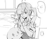  1girl absurdres ahoge atare blurry blurry_background bra_strap chair character_request greyscale hair_ornament hand_on_own_chest highres long_hair monochrome nijisanji shirt sitting sketch sukoya_kana t-shirt tearing_up thought_bubble twintails virtual_youtuber x_hair_ornament 