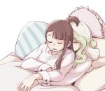  2girls asymmetrical_hair bangs blonde_hair brown_hair closed_eyes collared_shirt diana_cavendish kagari_atsuko little_witch_academia long_hair long_sleeves lying multicolored_hair multiple_girls on_back pillow shirt simple_background sleeping tonton_(mathcaca24) two-tone_hair white_background white_shirt 