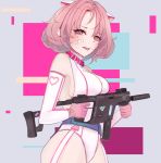  breast highres idolmaster pink_eyes pink_hair r-18 riamu short_hair weapon 