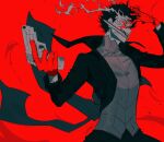  1boy amamiya_ren black_coat black_hair btmr_game coat dagger gloves gun handgun holding holding_gun holding_weapon long_sleeves male_focus mouth_hold persona persona_5 red_background red_eyes red_gloves signature simple_background solo weapon 