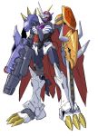  absurdres alus_core_gundam arm_blade arm_cannon clenched_hands crossover digimon fusion glowing glowing_eyes gundam gundam_build_divers gundam_build_divers_re:rise highres mecha no_humans omegamon one-eyed red_eyes solo standing sukekiyo56 v-fin weapon white_background 