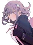  1girl absurdres backpack bag bangs black_jacket blush breasts cat_bag dangan_ronpa eyebrows_visible_through_hair flipped_hair floating_hair from_side grey_hair hair_ornament hairclip hand_up highres holding_strap hood hooded_jacket jacket large_breasts lavender_eyes leaning_forward long_sleeves looking_to_the_side medium_hair nanami_chiaki parted_lips pink_backpack pink_eyes pink_neckwear sideways_glance simple_background sleeve_cuffs sleeves_past_wrists solo super_dangan_ronpa_2 takushiima upper_body white_background 