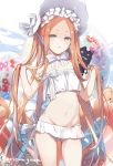  1girl abigail_williams_(fate/grand_order) abigail_williams_(swimsuit_foreigner)_(fate) bangs bare_shoulders bikini black_cat blonde_hair blue_eyes bonnet bow breasts cat fate/grand_order fate_(series) forehead fukuda935 hair_bow innertube long_hair miniskirt navel open_mouth parted_bangs sidelocks skirt small_breasts swimsuit thighs twintails very_long_hair white_bikini white_bow white_headwear 