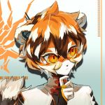  1girl animal_ear_fluff animal_ears arknights chinese_clothes closed_mouth fingerless_gloves furry glasses gloves hand_on_own_chin highres jue_zz looking_away medium_hair multicolored_hair orange_hair solo solo_focus tail tiger_ears tiger_tail waai_fu_(arknights) 