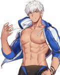 1boy blackkdogg bracelet copyright_request helios_rising_heroes highres jewelry open_clothes open_shirt oscar_bale pectorals solo summer_uniform white_eyes white_hair 