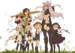  1boy 5girls agrius_metamorphosis ahoge animal_ears asaya_minoru atalanta_(alter)_(fate) atalanta_(fate) bandaged_arm bandaged_hands bandages bangs bare_arms bare_shoulders bell beret black_bow black_dress black_footwear black_gloves black_hair black_headwear black_legwear black_panties black_pants black_shirt blurry blurry_foreground boots bow braid brown_eyes brown_footwear brown_gloves brown_hair capelet character_request commentary_request depth_of_field dress elbow_gloves eyebrows_visible_through_hair facial_scar fingerless_gloves fur-trimmed_capelet fur_trim gloves gothic_lolita green_bow green_eyes green_ribbon grey_hair hair_bow hat hat_bow headpiece holding holding_hands holding_sword holding_weapon jack_the_ripper_(fate/apocrypha) jeanne_d&#039;arc_(fate)_(all) jeanne_d&#039;arc_alter_santa_lily lolita_fashion long_hair multicolored_hair multiple_girls naked_overalls nursery_rhyme_(fate/extra) over_shoulder overall_shorts overalls panties pants pantyhose parted_bangs paul_bunyan_(fate/grand_order) puffy_short_sleeves puffy_sleeves red_gloves ribbon scar scar_on_cheek shirt short_sleeves single_glove sleeveless sleeveless_shirt standing streaked_hair striped striped_bow striped_ribbon sword sword_over_shoulder thigh-highs thigh_boots twin_braids twintails twitter_username underwear very_long_hair violet_eyes weapon weapon_over_shoulder white_background white_capelet white_dress 