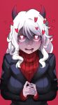  1girl absurdres bangs black_horns black_suit blush breasts demon_girl demon_horns hands_clasped heart heart-shaped_pupils helltaker highres horns jycheng1999 long_hair long_sleeves looking_at_viewer modeus_(helltaker) own_hands_together red_background red_eyes red_sweater ribbed_sweater shirt simple_background solo sweater symbol-shaped_pupils tail turtleneck turtleneck_sweater upper_body white_hair 