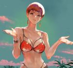  1girl bikini breasts earrings jewelry nao3art navel palm_tree pink_cloud short_hair solo swimsuit the_king_of_fighters_all-stars tree vice 