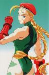  1990s_(style) ass beret blonde_hair blue_eyes bodypaint braid cammy_white capcom facial_scar fingerless_gloves gloves gradient gradient_background green_background green_leotard hat leotard long_hair looking_at_viewer looking_back official_art red_gloves scar serious street_fighter street_fighter_ii_(series) turtleneck twin_braids 