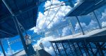  1girl backpack bag baseball_cap blue_skirt brown_hair clouds cumulonimbus_cloud dutch_angle hand_up hat long_skirt original scenery shirt shoes short_hair skirt sky sneakers summer train_station white_footwear white_headwear white_shirt yomanika0021 