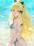  1girl :d beach bikini black_bow blonde_hair blue_bikini blue_eyes blurry blurry_background bow breasts hair_bow hair_ornament halterneck hand_on_own_arm long_hair looking_at_viewer medium_breasts open_mouth pointy_ears princess_connect! princess_connect!_re:dive saren_(princess_connect!) see-through sidelocks smile sonchi standing swimsuit very_long_hair water 