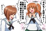  &gt;_&lt; 2girls :d afterimage bangs black_neckwear blouse blunt_bangs brown_eyes brown_hair clenched_hands closed_eyes commentary eyebrows_visible_through_hair facing_another girls_und_panzer green_skirt hand_on_own_head highres long_hair long_sleeves motion_lines multiple_girls neckerchief nishizumi_miho omachi_(slabco) ooarai_school_uniform open_mouth orange_hair pleated_skirt sailor_collar school_uniform serafuku short_hair skirt smile standing takebe_saori translation_request white_background white_blouse white_sailor_collar 