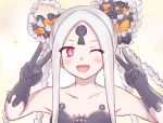  1girl abigail_williams_(fate/grand_order) abigail_williams_(swimsuit_foreigner)_(fate) bangs bare_shoulders bikini black_bikini black_bow blush bow breasts closed_eyes collarbone double_bun double_v fate/grand_order fate_(series) forehead hat keyhole long_hair looking_at_viewer multiple_bows open_mouth orange_bow parted_bangs pink_eyes re-tori sidelocks small_breasts smile sparkle swimsuit third_eye v very_long_hair white_hair white_skin 